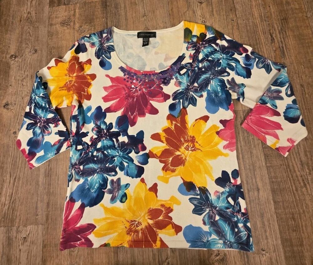 Cable And Gauge Women's Large Floral Sweater Sequins Three Quarter Sleeve Party